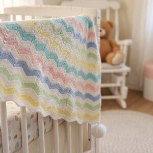 48" X 36" Crochet Chevron Baby Blanket White, Blue, Green, Yellow, Pink